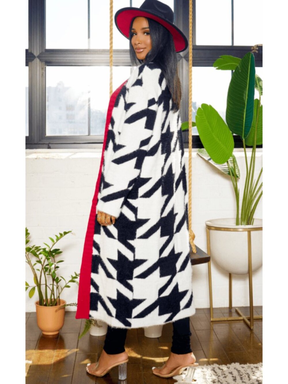 Oversized Houndstooth Longline Duster Cardigan | XS